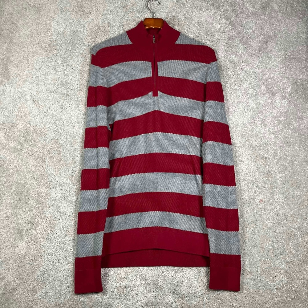 Brooks Brothers Quarter Zip Pullover Mens Large Red Gray Striped Cotton Sweater